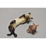 A Beswick Pottery mouse study in brown and a Siamese cat, no marking.