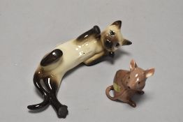 A Beswick Pottery mouse study in brown and a Siamese cat, no marking.