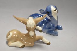 Two vintage Szeiler studio pottery studies, Fawn in blue colour way and donkey in beige and white.