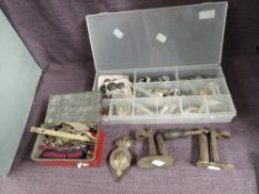 A box of Military Buttons including US, Medical Corps etc along with a tin of badges and Cartridge
