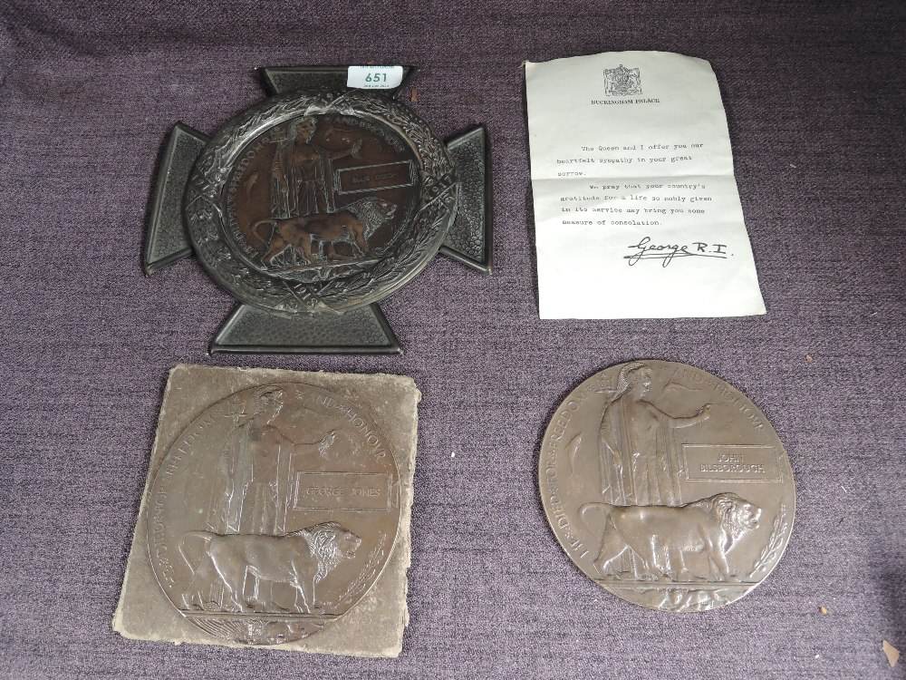 Three WWI Memorial Plaque's, 1st to John Bilsborough, 2nd to George Jones and 3rd to Ellis Dixon