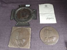 Three WWI Memorial Plaque's, 1st to John Bilsborough, 2nd to George Jones and 3rd to Ellis Dixon