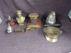 A box of miniature Military Helmets & Caps including Army Cap, RAF Cap, German WWII Cap, German