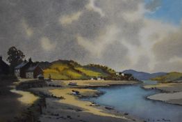Ebenezer John Woods Prior (1914-1988), watercolour, A sunlit estuary scene with approaching dark