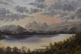 Attributed to Eric Cottam (British 1936-2015) oil on canvas 'Sunset over Windermere' partial