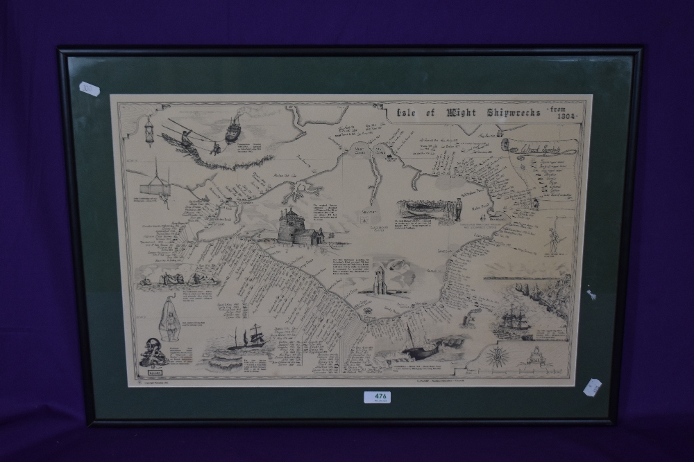 A reproduction print of an illustrated coastal map depicting Isle of Wight shipwrecks from 1304, - Image 2 of 3