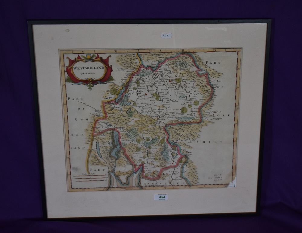 After Robert Morden (1650-1703), a hand coloured map of Westmorland, the title displayed in a - Image 2 of 3