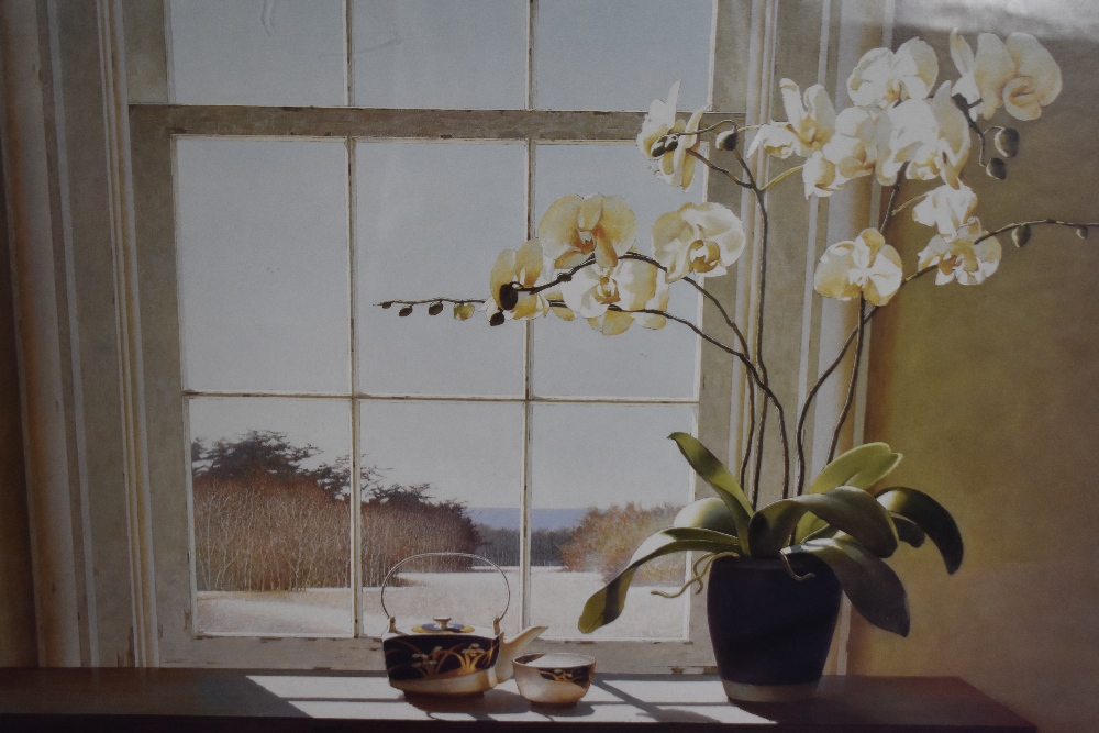 After Zhen Huan Lu (20th Century American School), giclee on paper, 'Orchids And Teapots', framed,