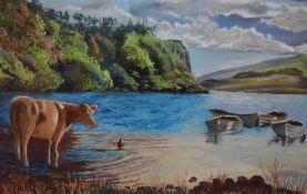 *Local Interest - British 20th Century, pastel, A naive interpretation of Crag Lough lake at