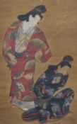 Japanese School 19th Century, print on silk, Formerly a scroll depicting two Japanese ladies in