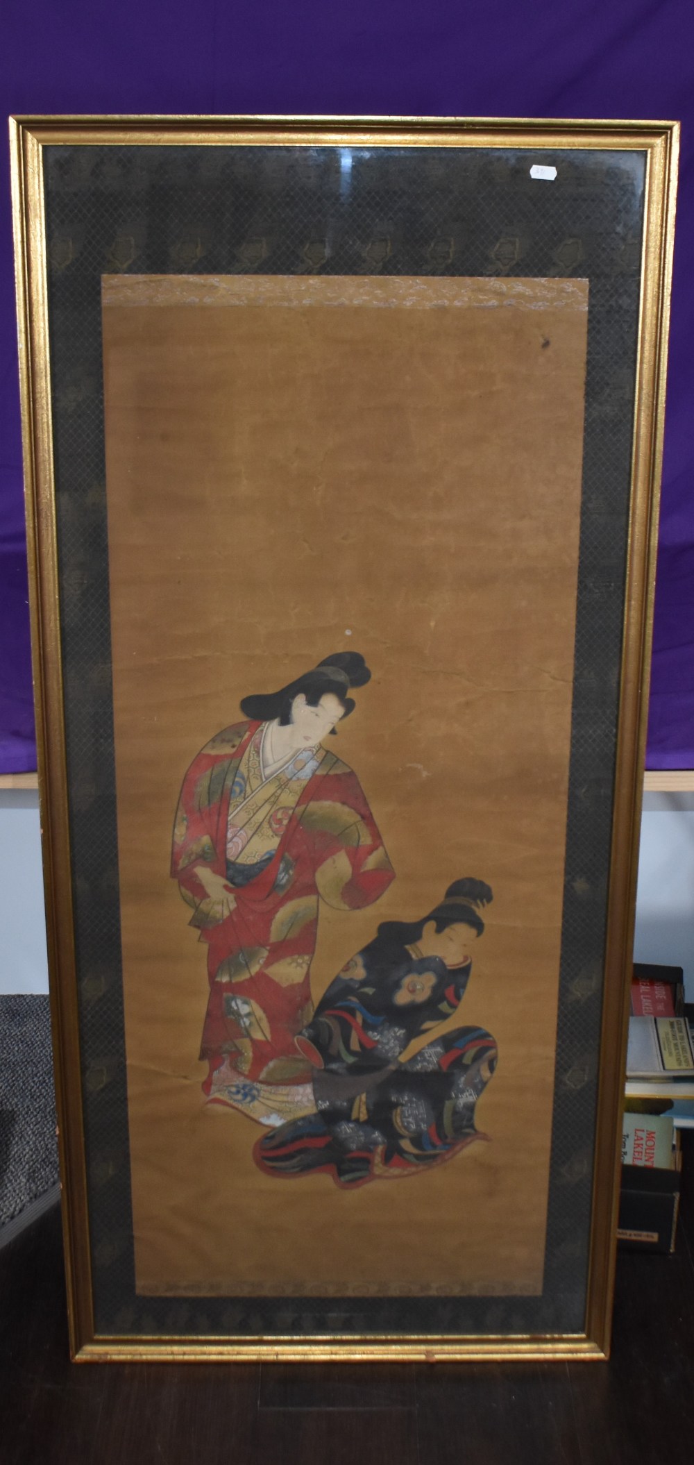 Japanese School 19th Century, print on silk, Formerly a scroll depicting two Japanese ladies in - Image 2 of 2