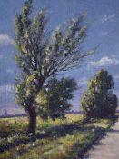 Unknown Artist, oil on board, Windswept trees by a path, in the Impressionist style, signed