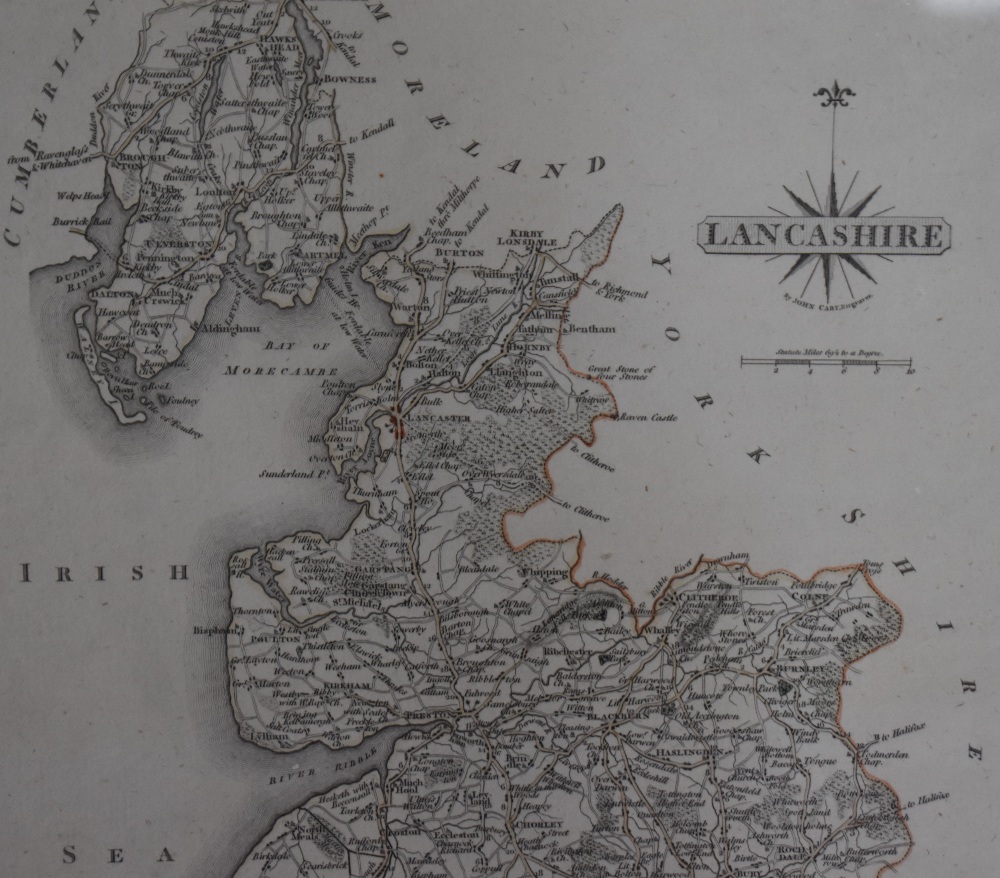 After John Cary (1754-1835), a hand coloured map of the county of Lancashire, framed, mounted, and