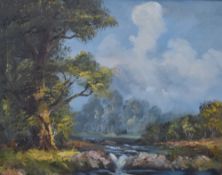 British School, oil on canvas, An attractive landscape depicting a river flowing over rocks within a