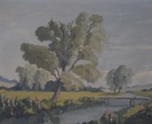 Charles G Johnson (British 1902-1983) oil on board, rural river scene, in pleasing pastel tones,