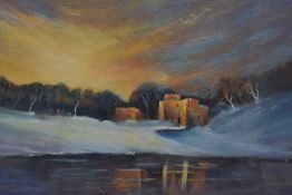 After Les Darlow (20th Century British), pastel, Brougham Castle, a winter landscape at night with