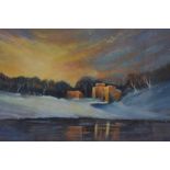 After Les Darlow (20th Century British), pastel, Brougham Castle, a winter landscape at night with