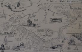 A reproduction print of an illustrated coastal map depicting Isle of Wight shipwrecks from 1304,