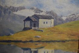 J. Aguier (20th Century Continental School), oil on board, A chalet in front of a snow capped