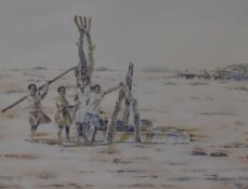 Alfred Dube (20th Century), watercolour, A scene depicting African children building, signed to