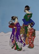Three late 20th century Japanese themed drawings of Geisha, coloured, unframed, indistinctly