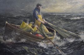 A.Collister (20th Century, British), oil on board, Two fishermen hauling in their catch from a rough