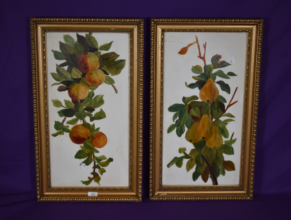 A pair of late 19th/early 20th century paintings on opaque glass panels, fruiting foliage within - Image 2 of 3