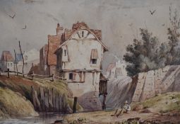 W.E.H (19th century unknown) watercolours, a figure resting beside a waterway and buildings,