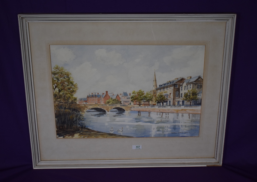 Cyril Pilgrim (British 1920-2013) watercolours, river scene with bridge, Swan Hotel and church - Image 2 of 4