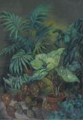 Jean Preston (British, 20th Century), A plant still life, depicting luscious green foliage against a