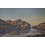 A mid-late 20th century colour print, natural harbour scene with rowing boat, framed and glazed 58cm