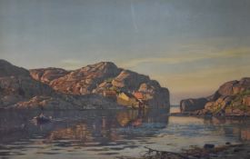 A mid-late 20th century colour print, natural harbour scene with rowing boat, framed and glazed 58cm