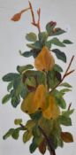 A pair of late 19th/early 20th century paintings on opaque glass panels, fruiting foliage within