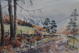 Edward Grieg Hall (1929-2017), watercolour, A rural road with snowy mountains in the distance,