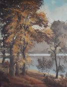 David Walsey (British 20th century)oil on canvas, autumnal woodland and river, signed, 90 x 70cm,