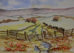 Walter Richards (British School 20th Century), watercolour, a naive depiction of farmland with fence