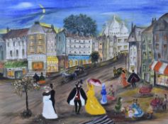 French School, 20th Century, oil on board, a night time Montmartre street scene with Sacre Coeur