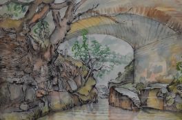 Gordon E. Cumming (British, 20th Century), ink and watercolour wash, 'Bridge & stream near Goatland,