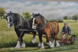 O.E Pugh (20th Century British), oil on canvas, A naive interpretation of workhorses ploughing