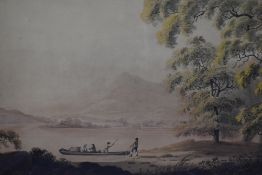 English School, 18th/19th Century, mixed media, A boat coming to a wooded shore with hills in the