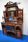 A late Victorian inlaid rosewood salon cabinet, of traditional design swan neck pediment over a