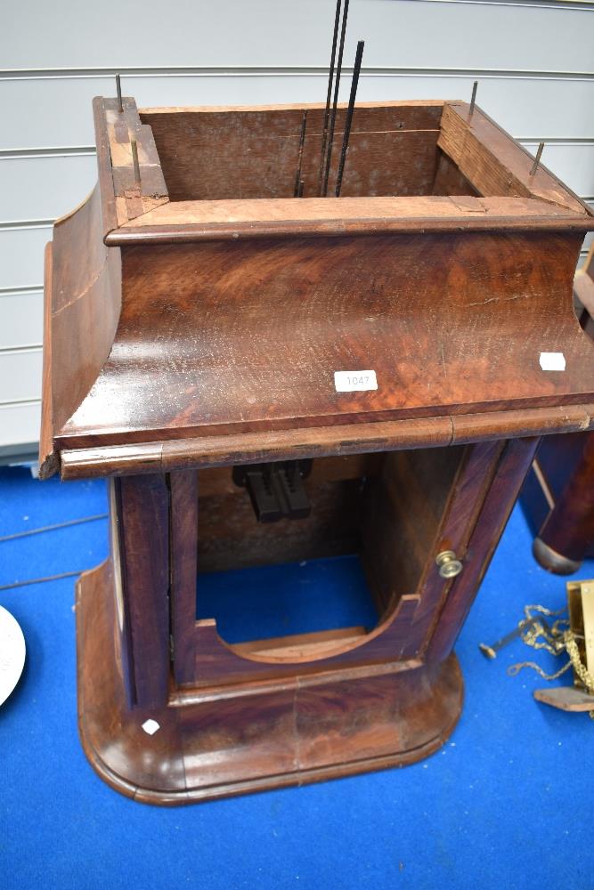 A selection of long case clock parts including figured mahogany case, faces , pendulums and - Image 3 of 4