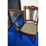 An Edwardian mahogany bedroom chair, stained frame mirror and cockerel door stop