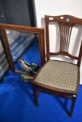 An Edwardian mahogany bedroom chair, stained frame mirror and cockerel door stop