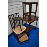 A selection of occasional furniture including interesting railback chair with rush seat and Arts and