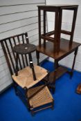 A selection of occasional furniture including interesting railback chair with rush seat and Arts and