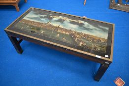 A modern coffee table with a printed design of London.