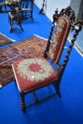 A 19th Century mahogany hall chair having turned and twist frame with tapestry seat and back