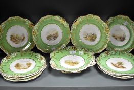 A Victorian Davenport Longport porcelain green-ground dessert service, painted in the manner of