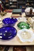Two vintage opalescent fluted pressed glass bowls and three heavy mid centruy art glass bowls in